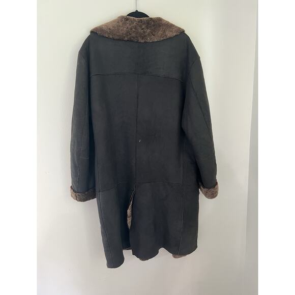 Schott NYC Long leather Shearling Fur Coat Collared Black Unisex Reversible Sz L - Picture 7 of 11